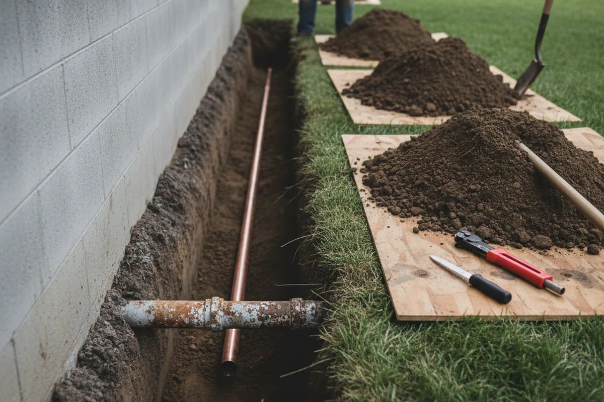 Excavated water line trench during Water Heater Repair in Dorchester